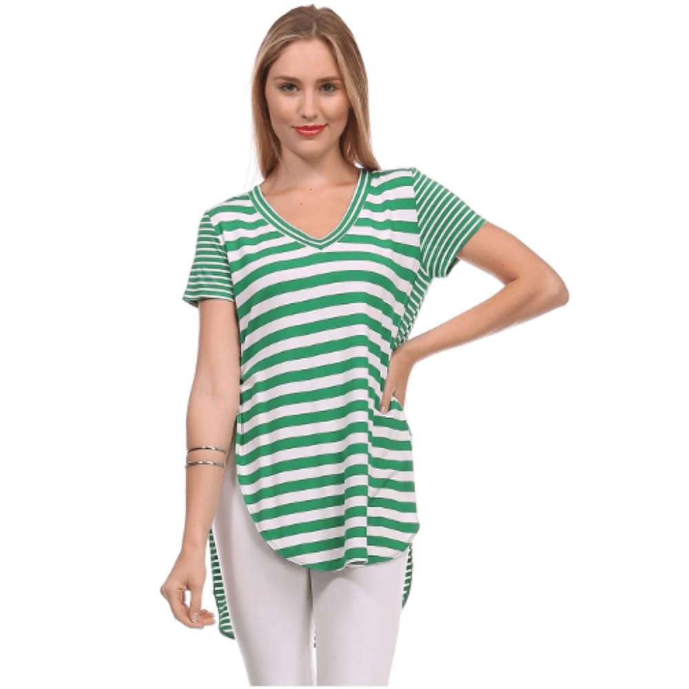Short Sleeve Striped Top High Low Hem